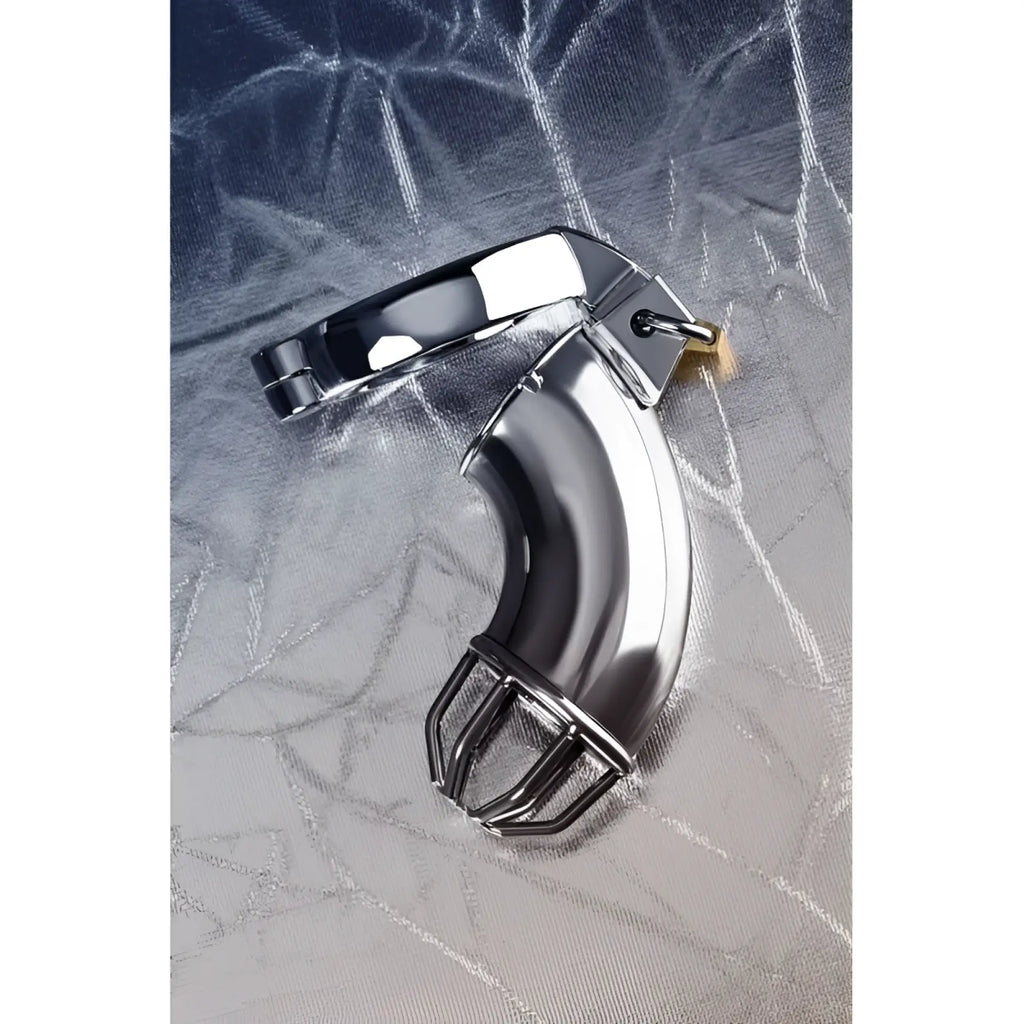 Shiny chrome-plated metal silver cock cage with curved design rings and small padlock for secure wear