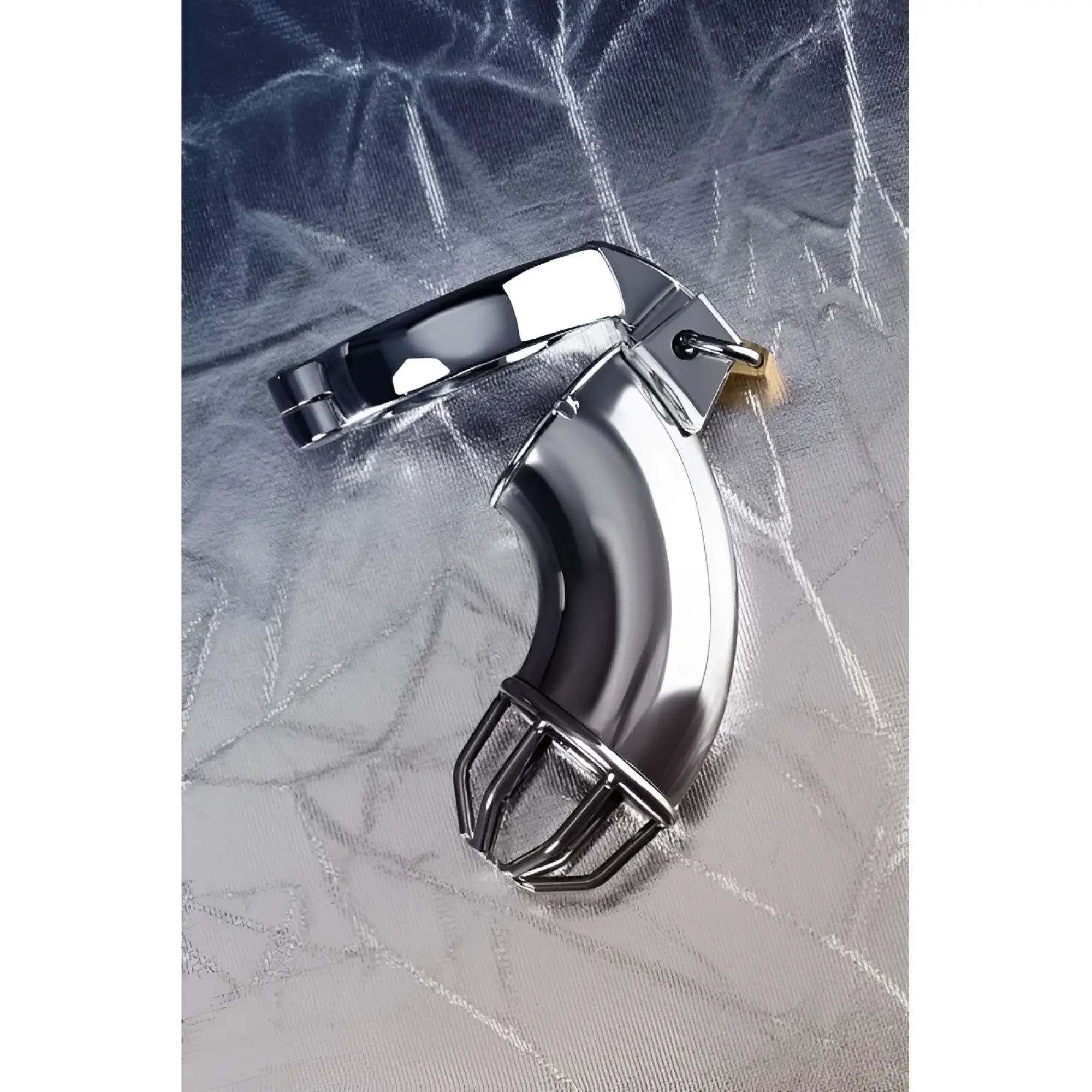 Shiny chrome-plated metal silver cock cage with curved design rings and small padlock for secure wear