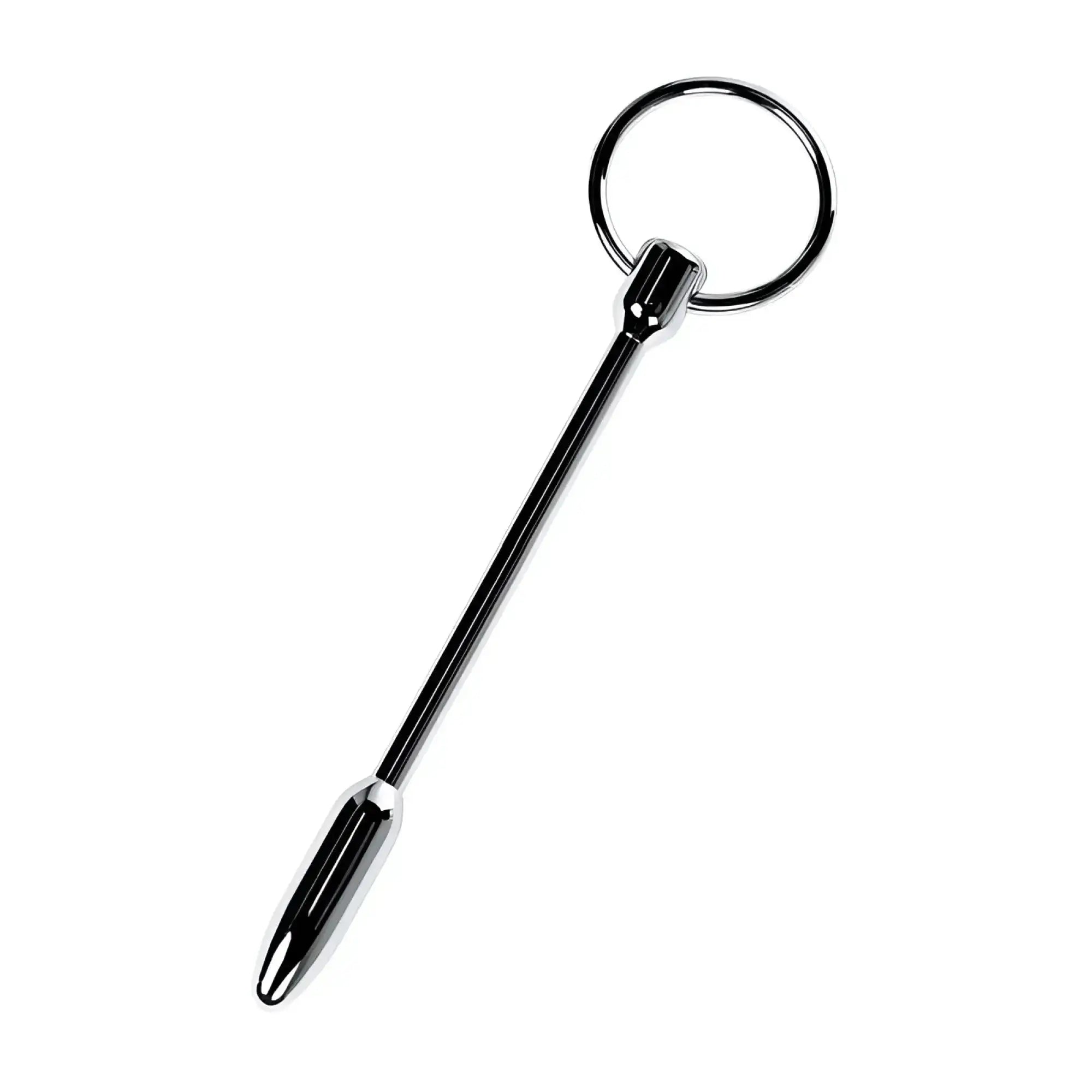 Shiny black and chrome metallic metal silver urethral plug with ring featuring a sleek elongated design and rounded tip