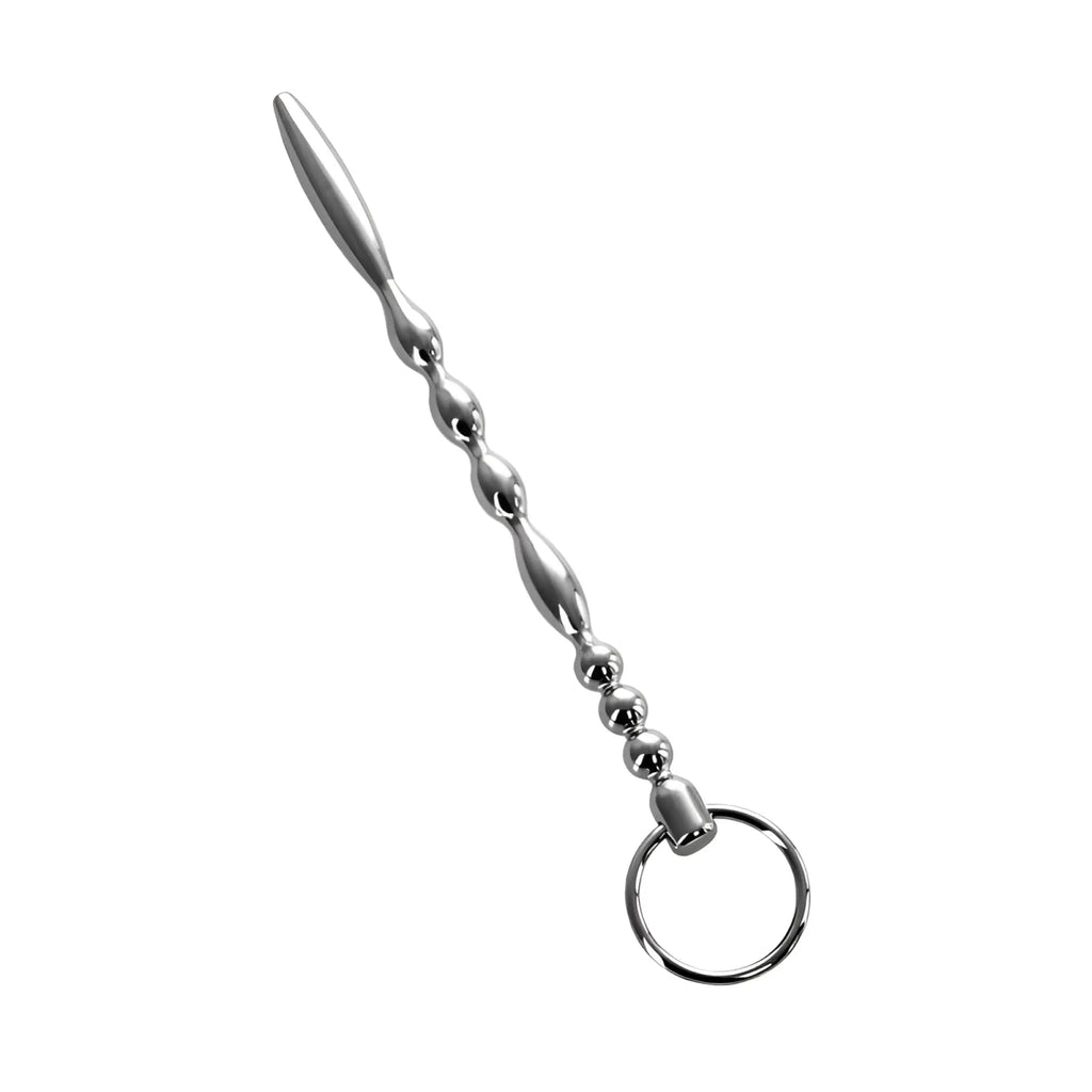 Silver metallic prostate massager with twisted segmented design and keyring end metal silver metal urethral plug w ring