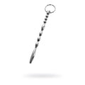 Silver metallic metal urethral plug with ring top and small spherical beads along its twisted length