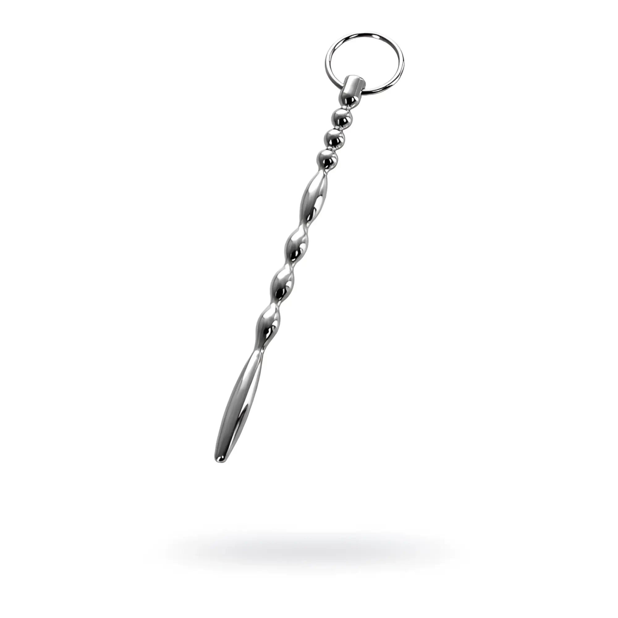 Silver metallic metal urethral plug with ring top and small spherical beads along its twisted length