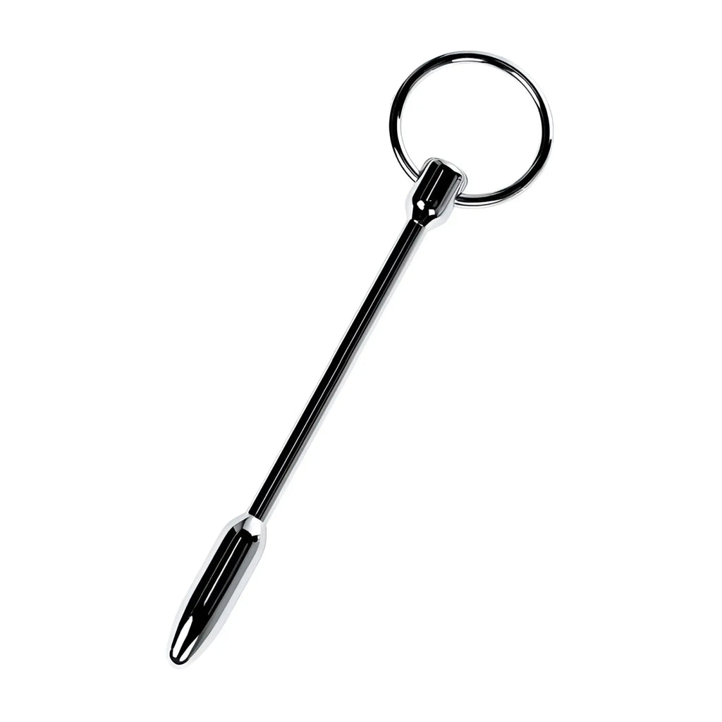 Shiny black and chrome metallic metal silver urethral plug with ring featuring a sleek elongated design and rounded tip
