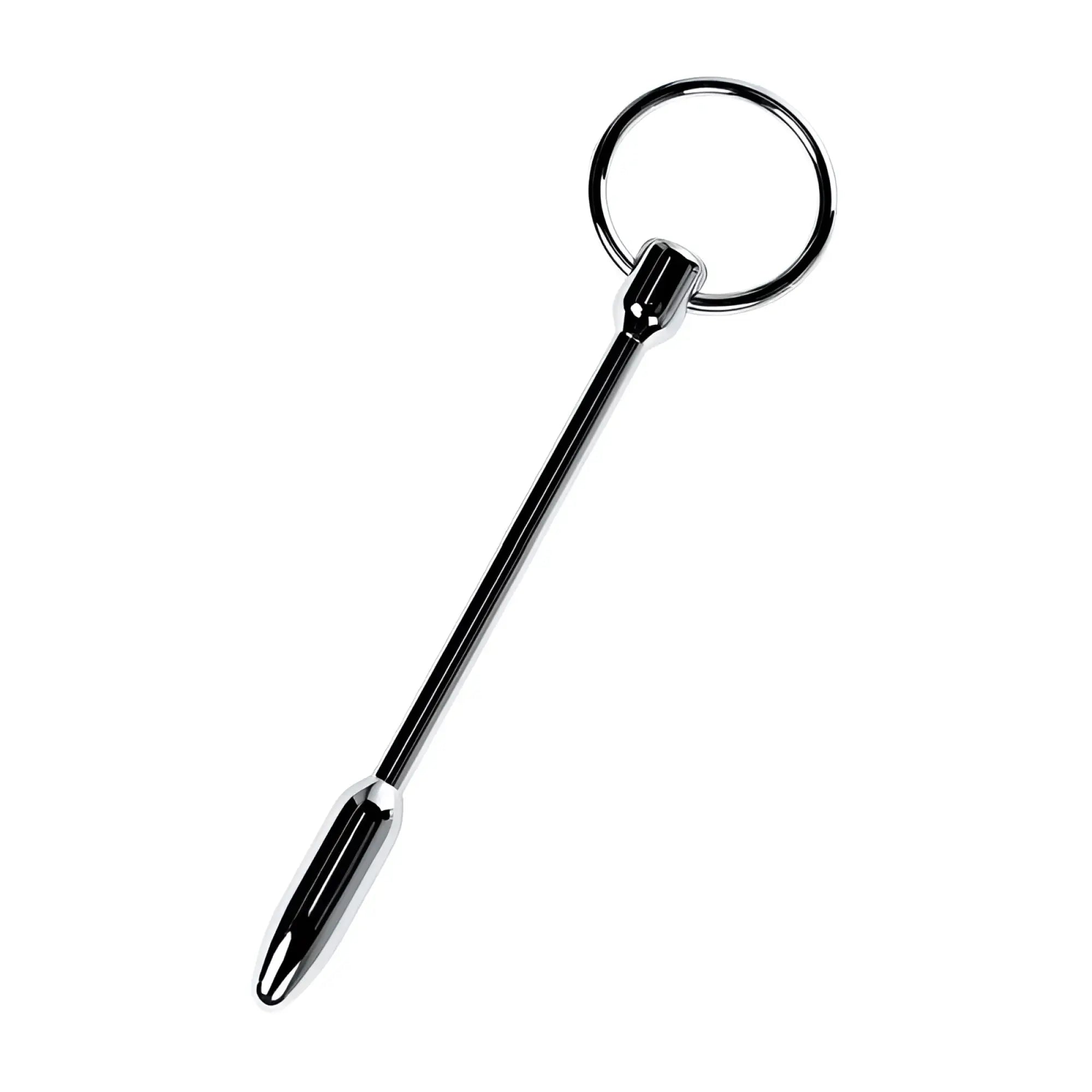 Shiny black and chrome metallic metal silver urethral plug with ring featuring a sleek elongated design and rounded tip