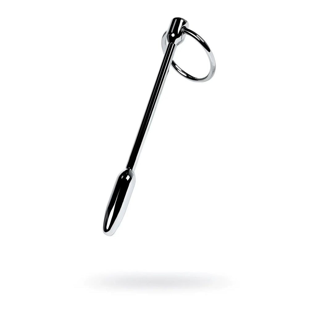 Shiny chrome-plated metal silver urethral plug with ring featuring sleek elongated design and rounded tip