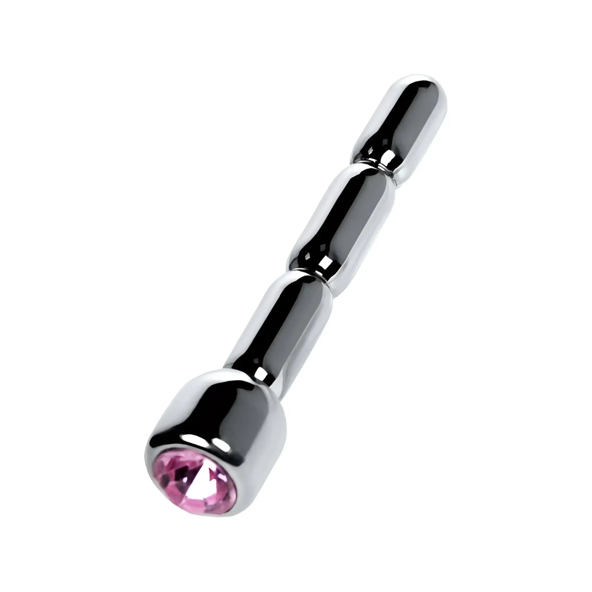 Chrome-finished metallic anal plug with a faceted pink crystal embedded at the rounded end for silver urethral use