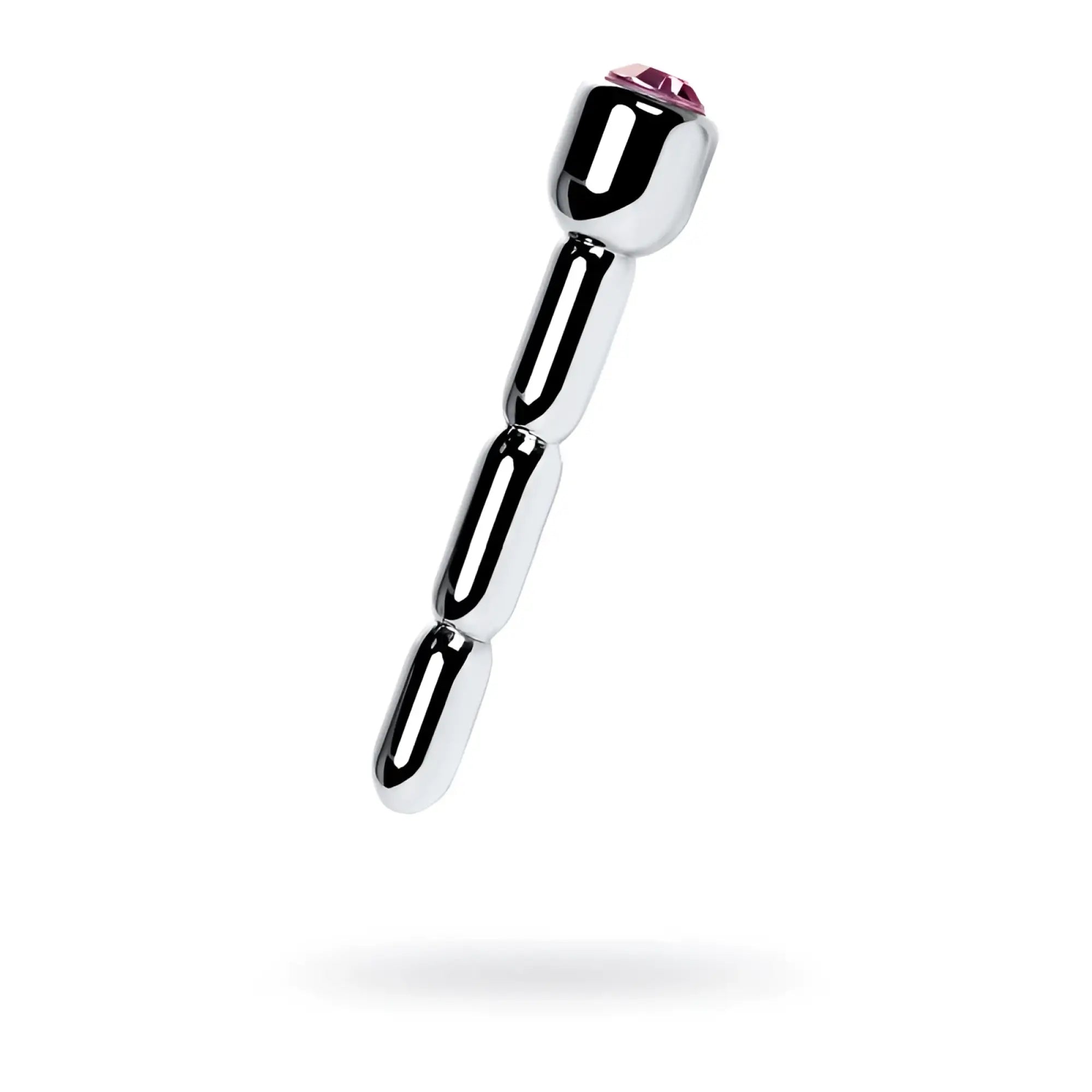 Metal silver urethral plug with chrome plating and a pink ruby rhinestone at the top shown from the back side