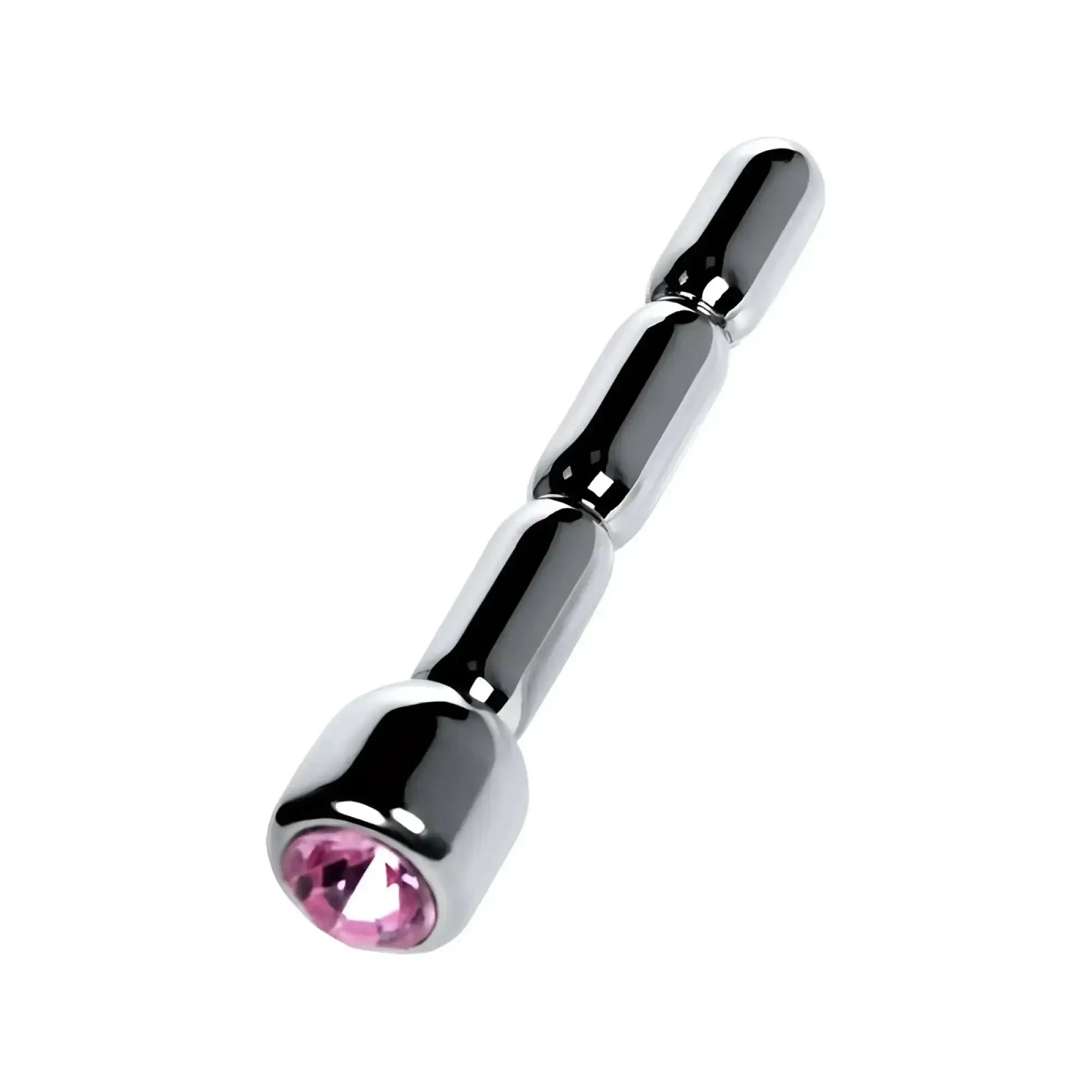 Chrome-finished metallic anal plug with a faceted pink crystal embedded at the rounded end for silver urethral use