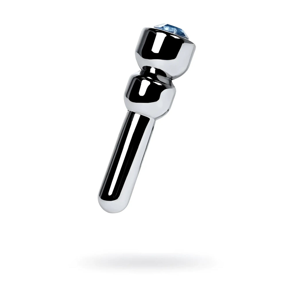 Metal silver chrome-plated urethral plug with blue sapphire rhinestone top small size