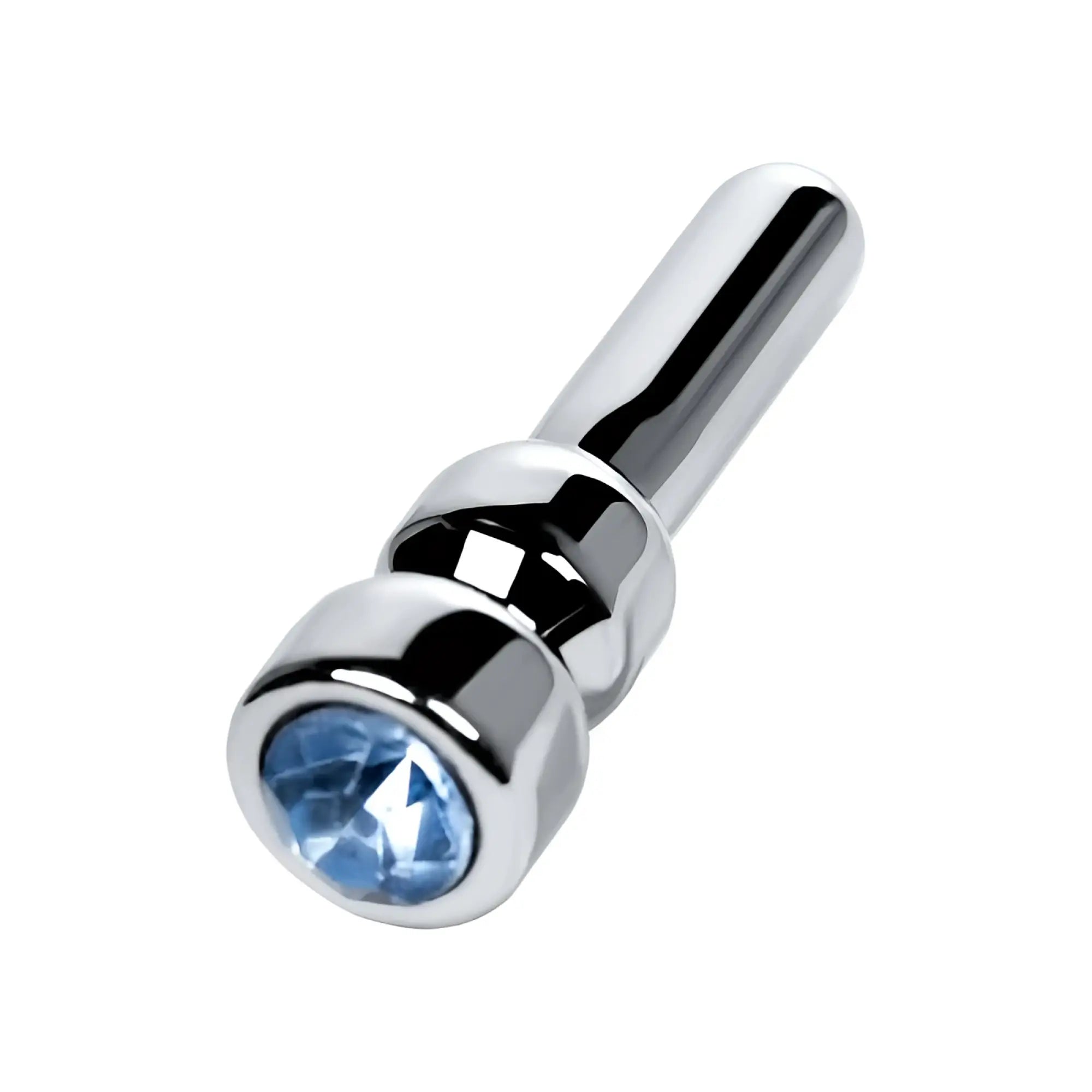 Metal silver urethral plug with a faceted sapphire rhinestone set in a sleek chrome-plated rounded head