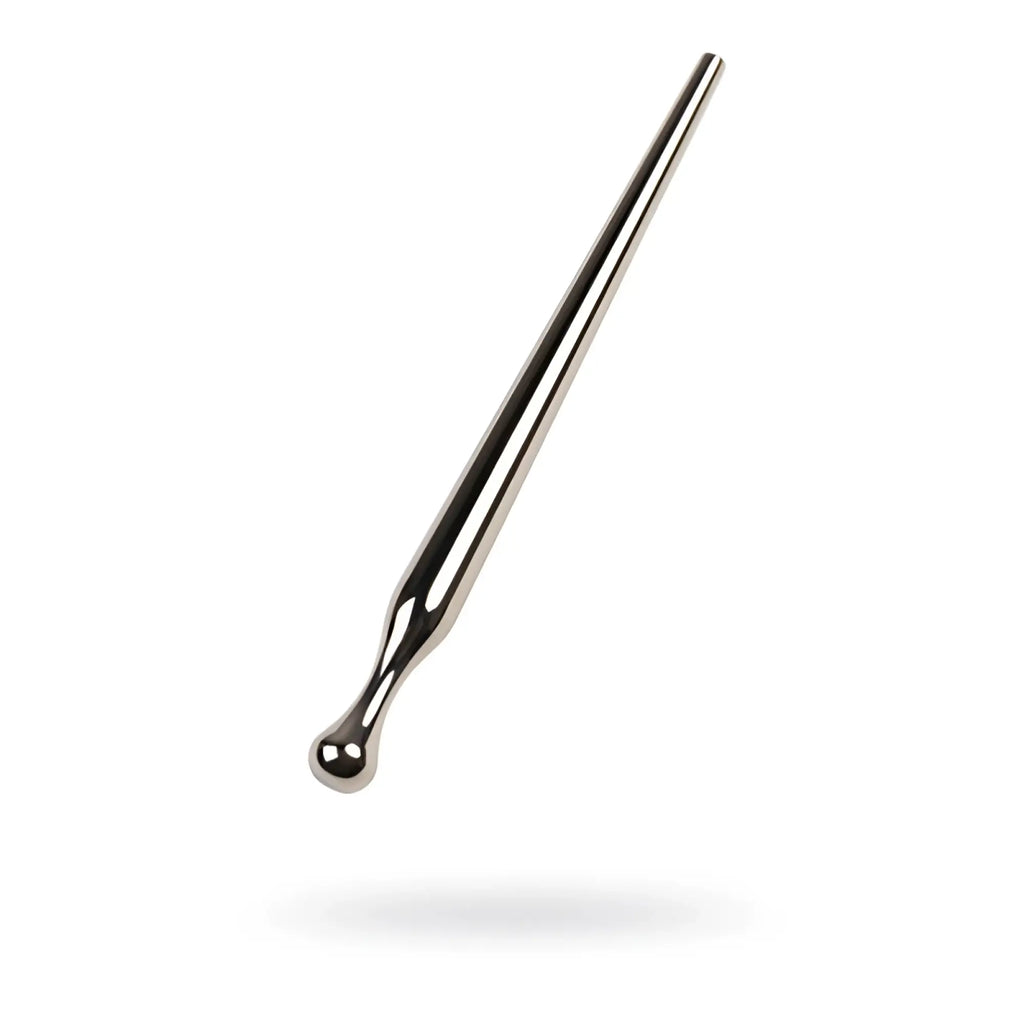 Shiny metallic silver metal urethral sound with sleek tapered design and rounded handle for precision use