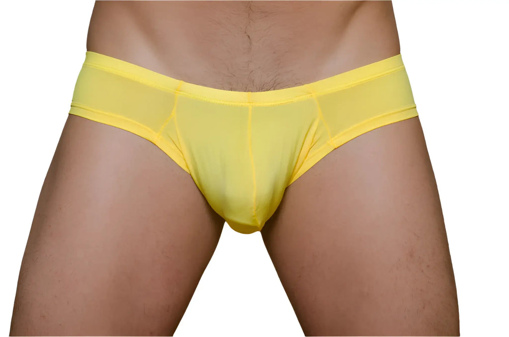 Bright yellow metro bunz low-rise boxer sheer mesh briefs with snug form-fitting design