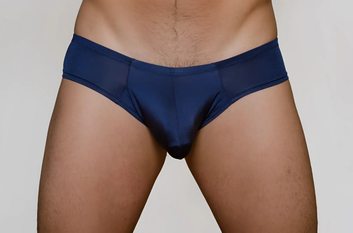 Navy blue sheer mesh briefs metro bunz low-rise boxer showing breathable mesh fabric and low-rise fit