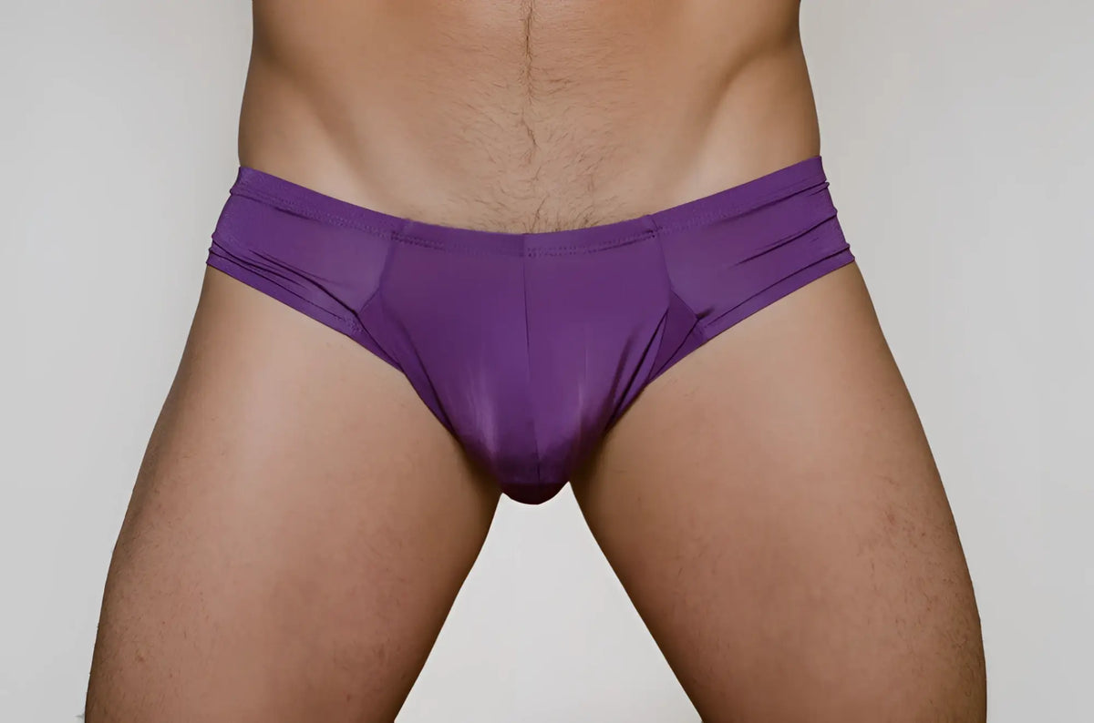 Purple stretch fabric metro bunz low-rise boxer briefs with contoured design showing front side