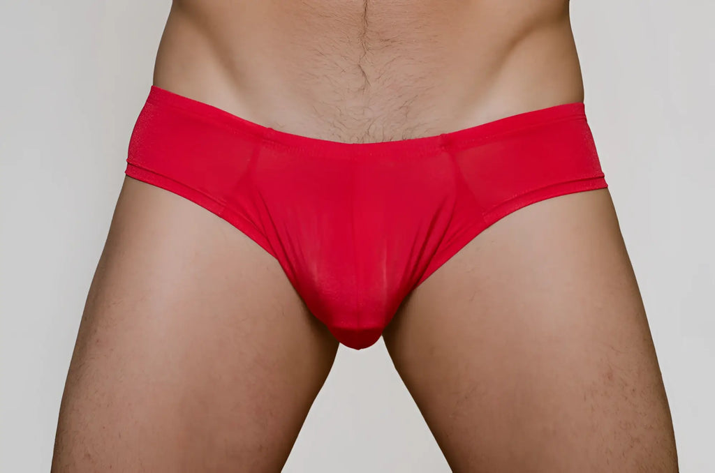Red metro bunz low-rise boxer briefs made of stretchy fabric with form-fitting design