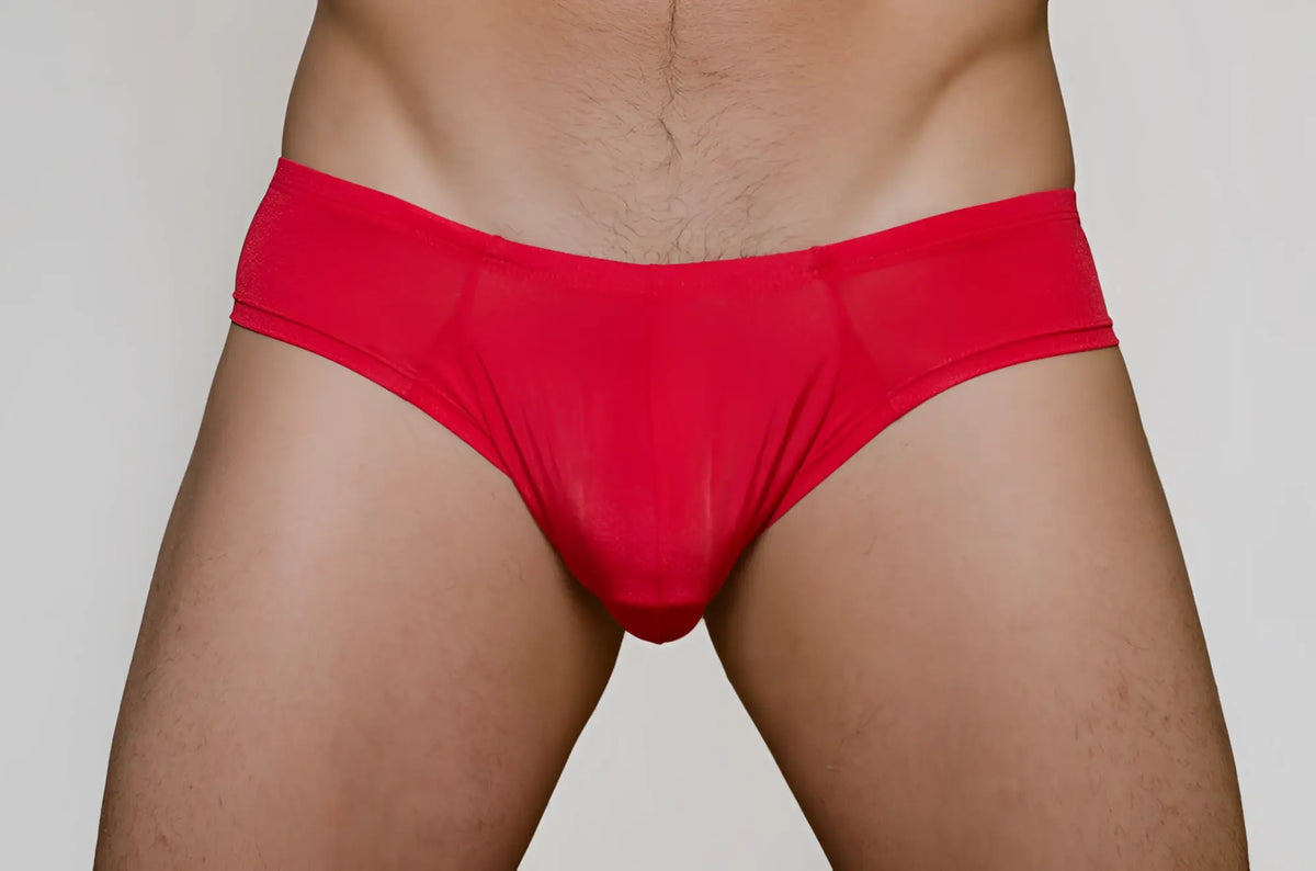 Red metro bunz low-rise boxer briefs made of stretchy fabric with form-fitting design