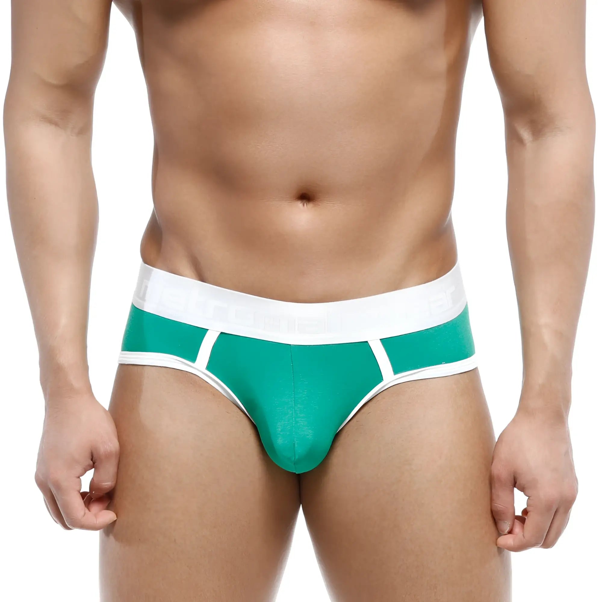 MetroMaleWear 365 hip brief in amazon green with white accents featuring a snug fit for athletic use