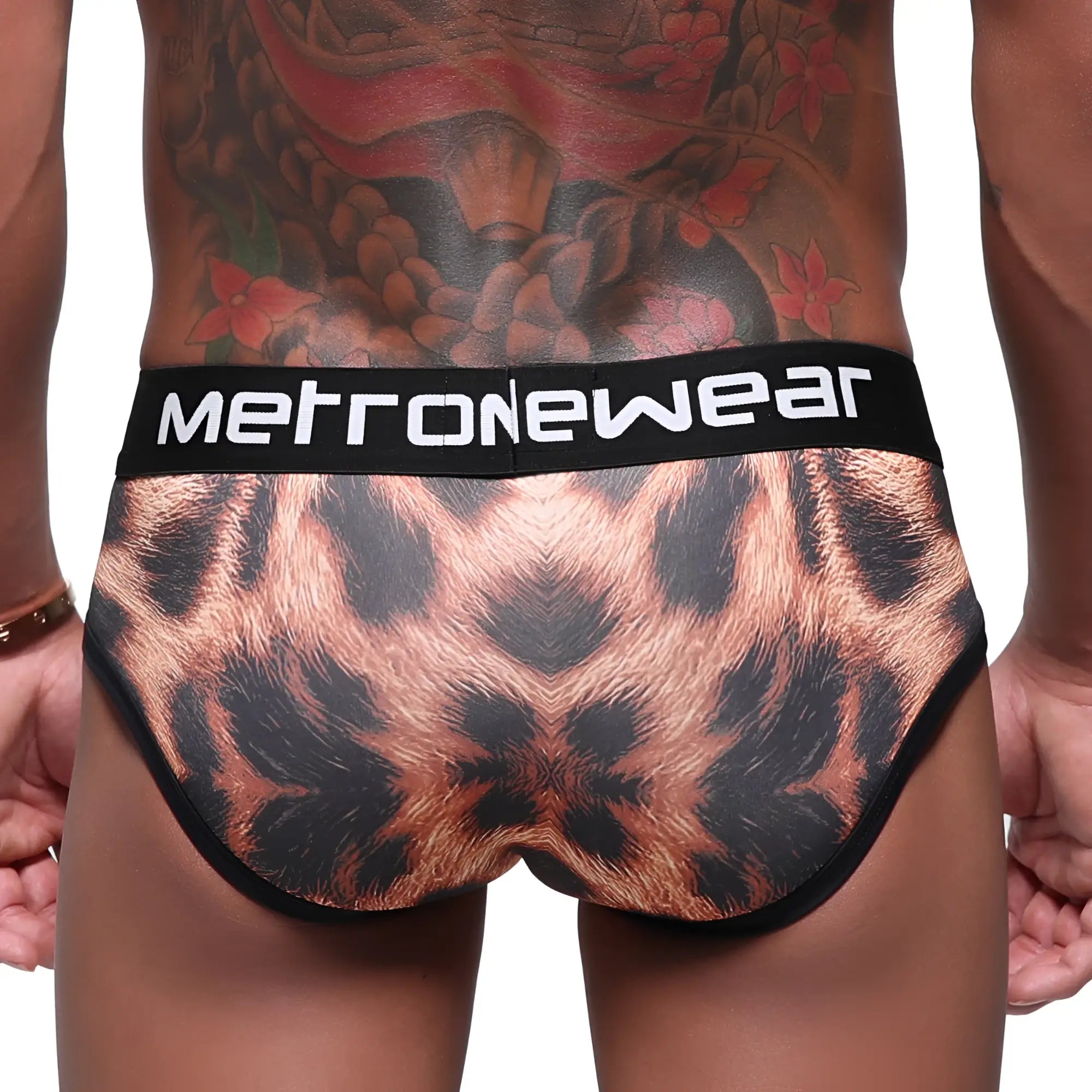 Black and copper leopard print briefs with black metronewear logo waistband metroMalewear 365 hip brief animal 9005-60