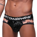 Black velvet hip briefs with cosmic starry pattern and tiger print side panels by MetroMaleWear 365 Animal 9005-60