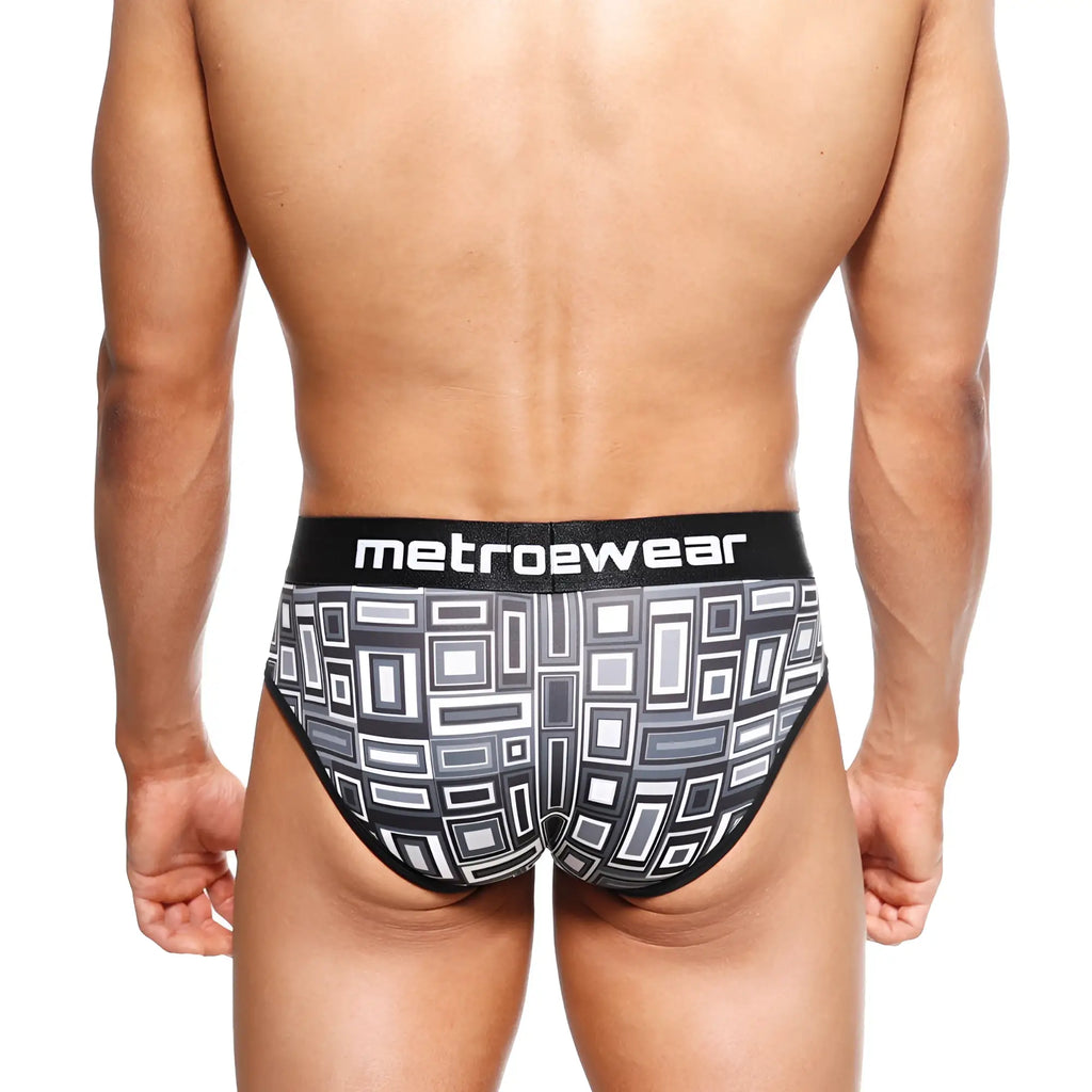 Men’s black and gray geometric pattern briefs with metrowear waistband MetroMaleWear 365 Hip Brief Basalto 9005-23