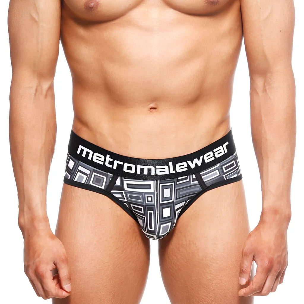 Black and gray geometric patterned mens briefs with metromalewear waistband metro malewear 365 hip brief basalto