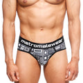 Black and gray geometric patterned mens briefs with metromalewear waistband metro malewear 365 hip brief basalto