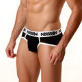 Black and white MetroMaleWear 365 hip brief with bold repeating logo waistband for athletic comfort