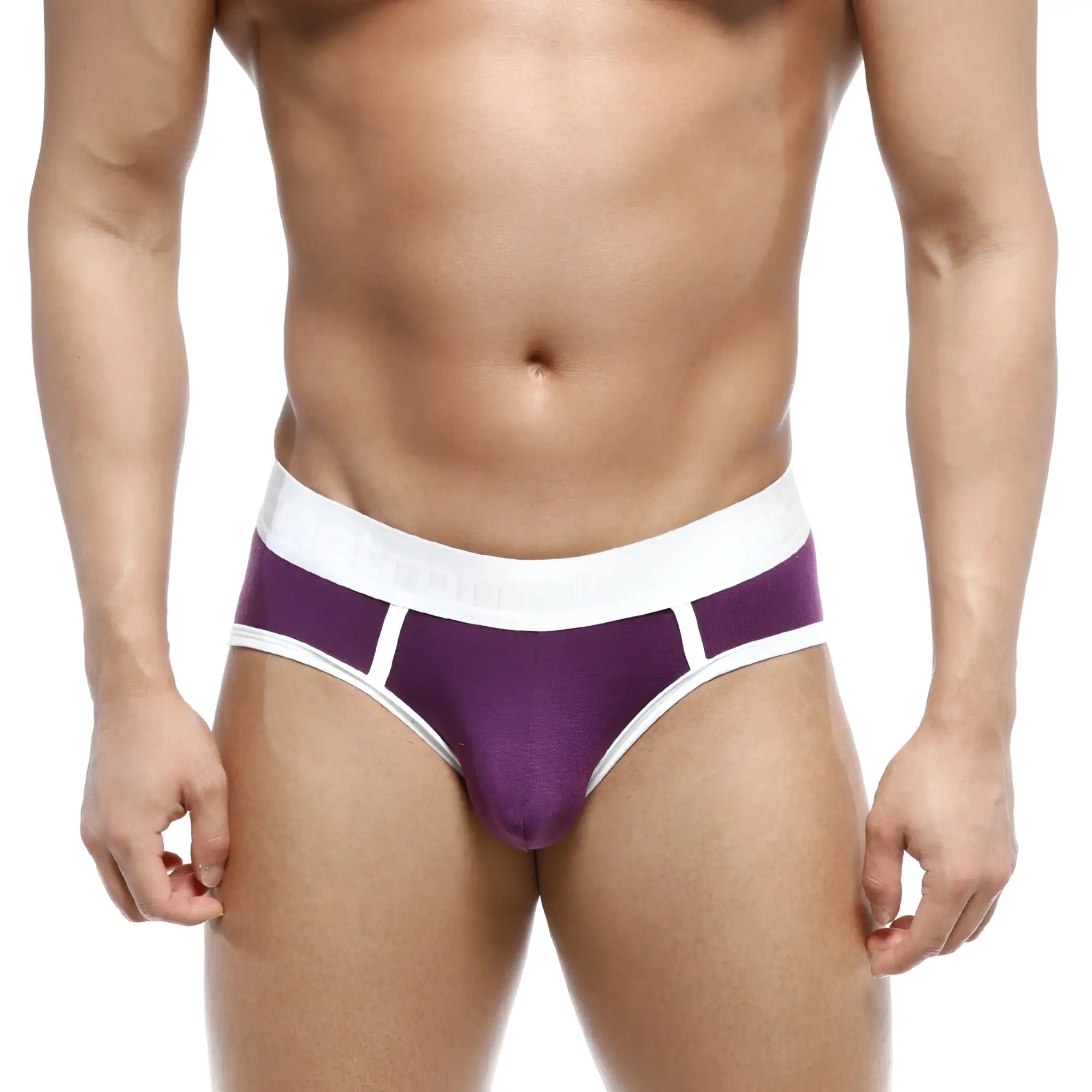 Purple and white metro malewear 365 hip brief with smooth form-fitting fabric for comfortable athletic wear