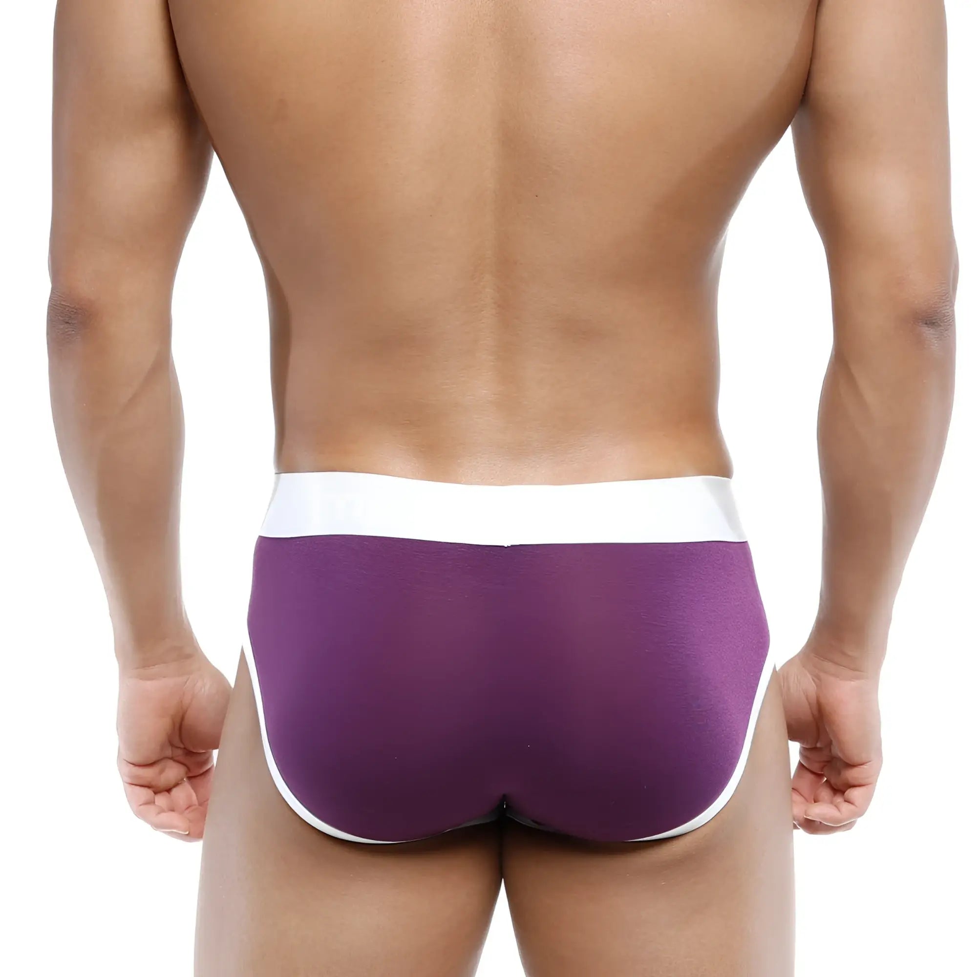 Purple briefs with white waistband and trim metro malewear 365 hip brief bordeaux 9003-19 front view