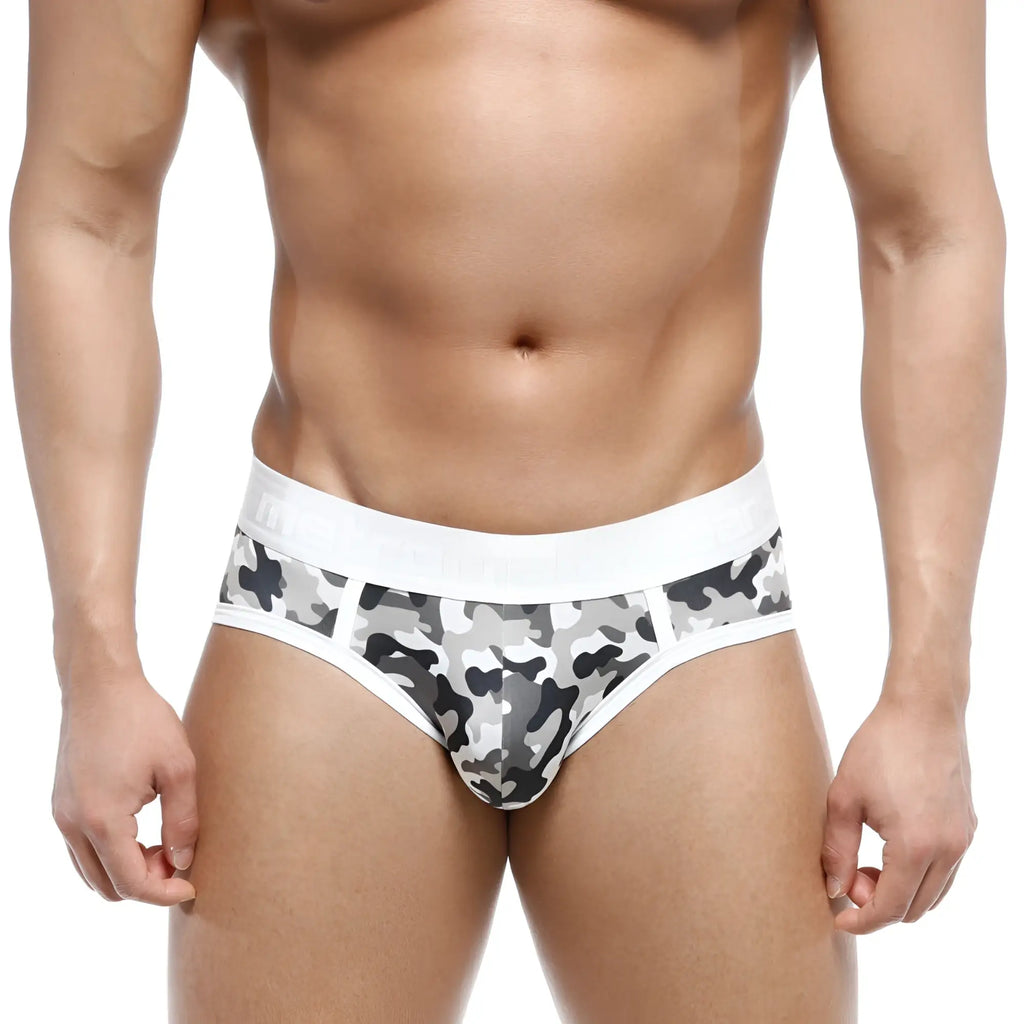 MetroMaleWear 365 hip brief camo 9005-90 gray and black camouflage patterned briefs with white elastic waistband