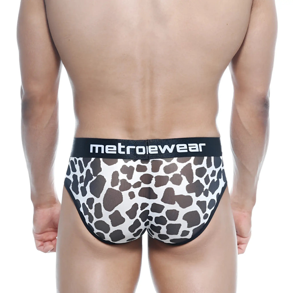MetroMaleWear 365 hip brief with black and white cow print and black elastic waistband featuring MetroMaleWear logo