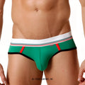 MetroMaleWear 365 green hip brief with white waistband striped in red and black featuring cybok embroidery
