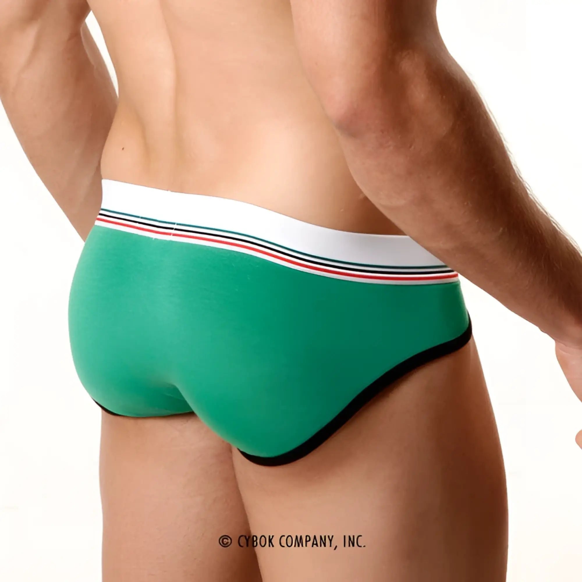 MetroMaleWear 365 hip brief green with white waistband, red and blue stripes, and black trim in soft breathable fabric