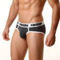 Dark gray mens briefs with white elastic waistband featuring black nation branding from metromalewear 365 hip brief gray 9003-11