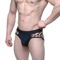 Black briefs with leopard print accents on sides and waistband by MetroMaleWear 365 hip brief leopard 9005-61