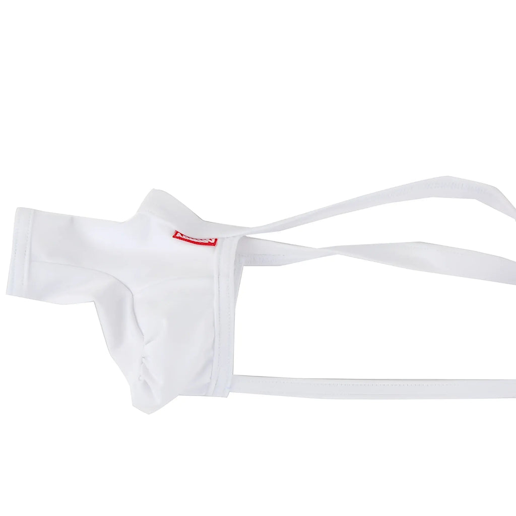 White fabric jockstrap with thin straps and a small red logo on the waistband from MetroMaleWear 3D Chaps Thongs