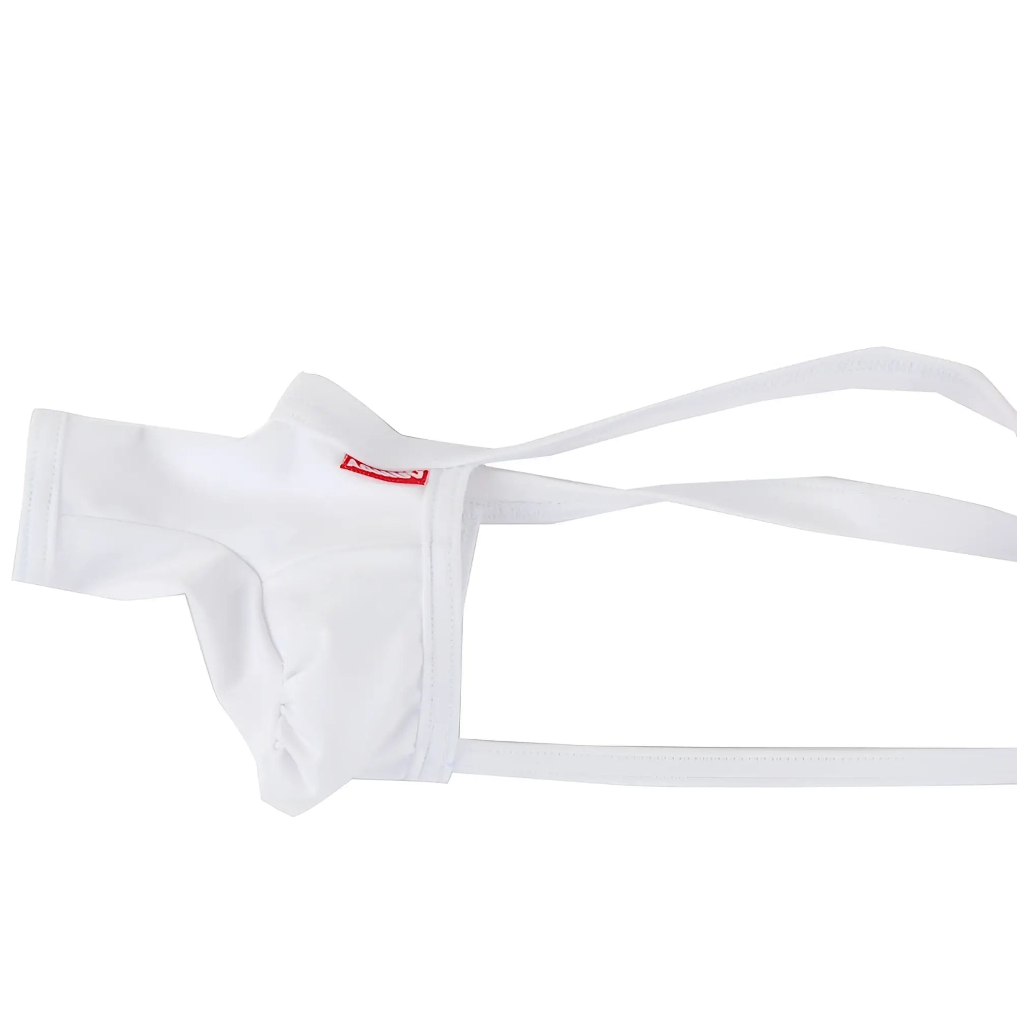 White fabric jockstrap with thin straps and a small red logo on the waistband from MetroMaleWear 3D Chaps Thongs