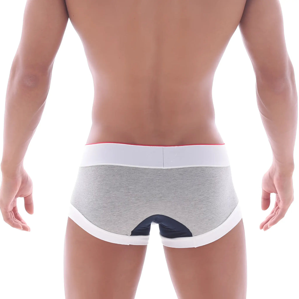 Back view of metromalewear 69ers boxer navy 7014-11 gray heathered briefs with white trim and navy blue panel