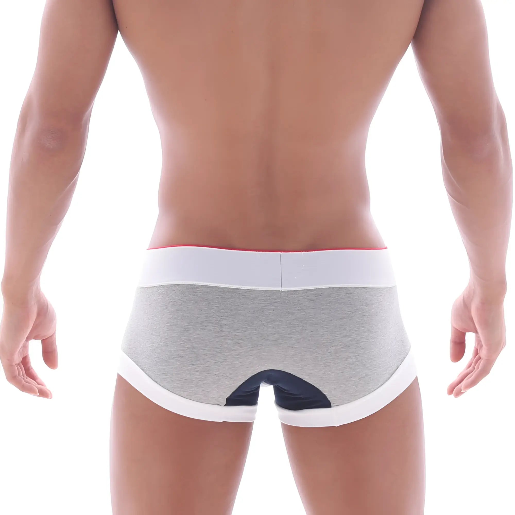 Back view of metromalewear 69ers boxer navy 7014-11 gray heathered briefs with white trim and navy blue panel