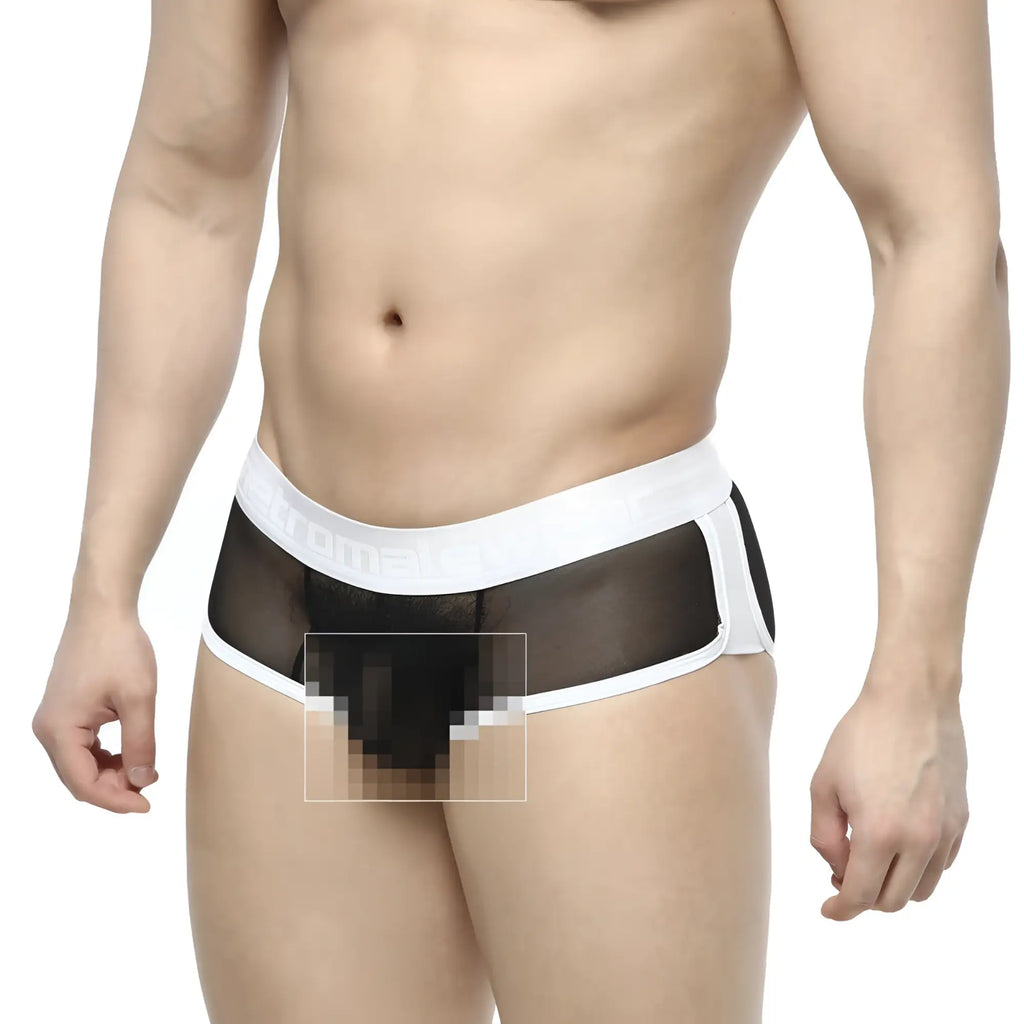 MetroMaleWear active boxer black mesh briefs with white elastic waistband and trim showing front view