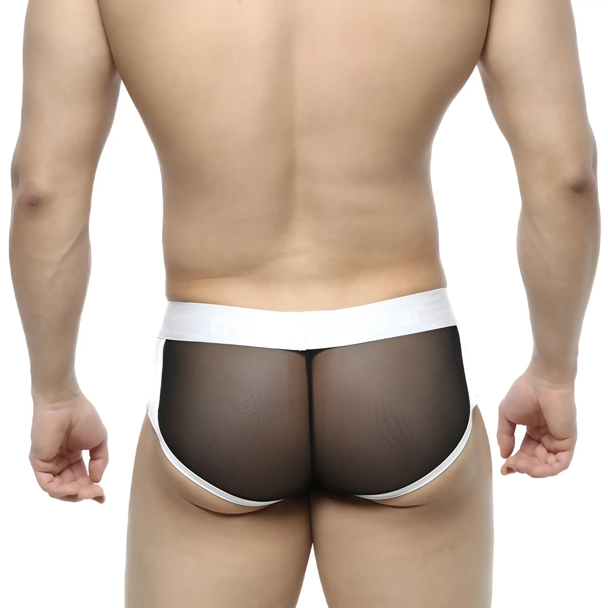 MetroMaleWear active boxer black mesh briefs with white elastic waistband and leg openings front view