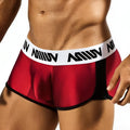 MetroMaleWear Active Boxer burgundy athletic briefs with red and black fabric and white waistband featuring miiow branding