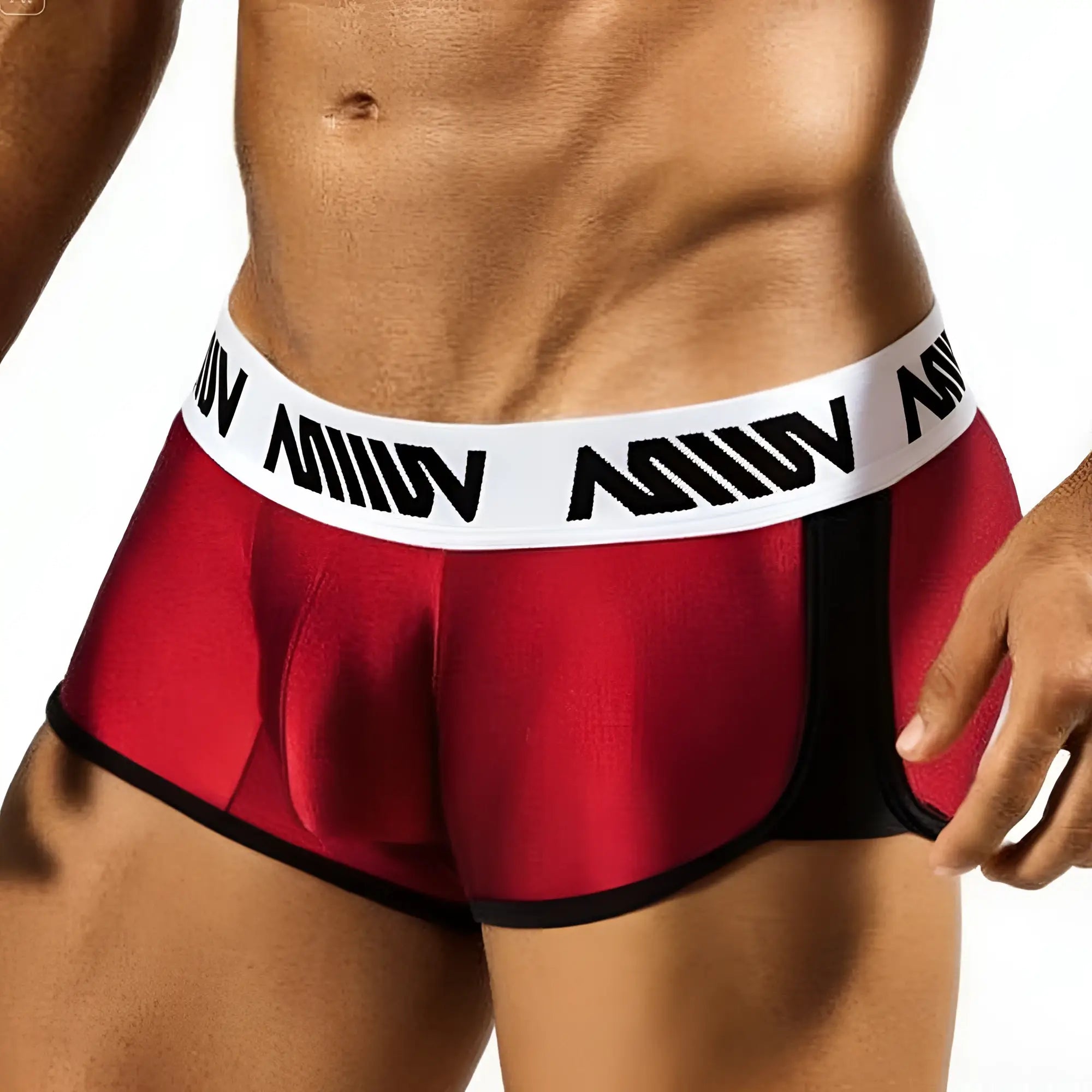 MetroMaleWear Active Boxer burgundy athletic briefs with red and black fabric and white waistband featuring miiow branding