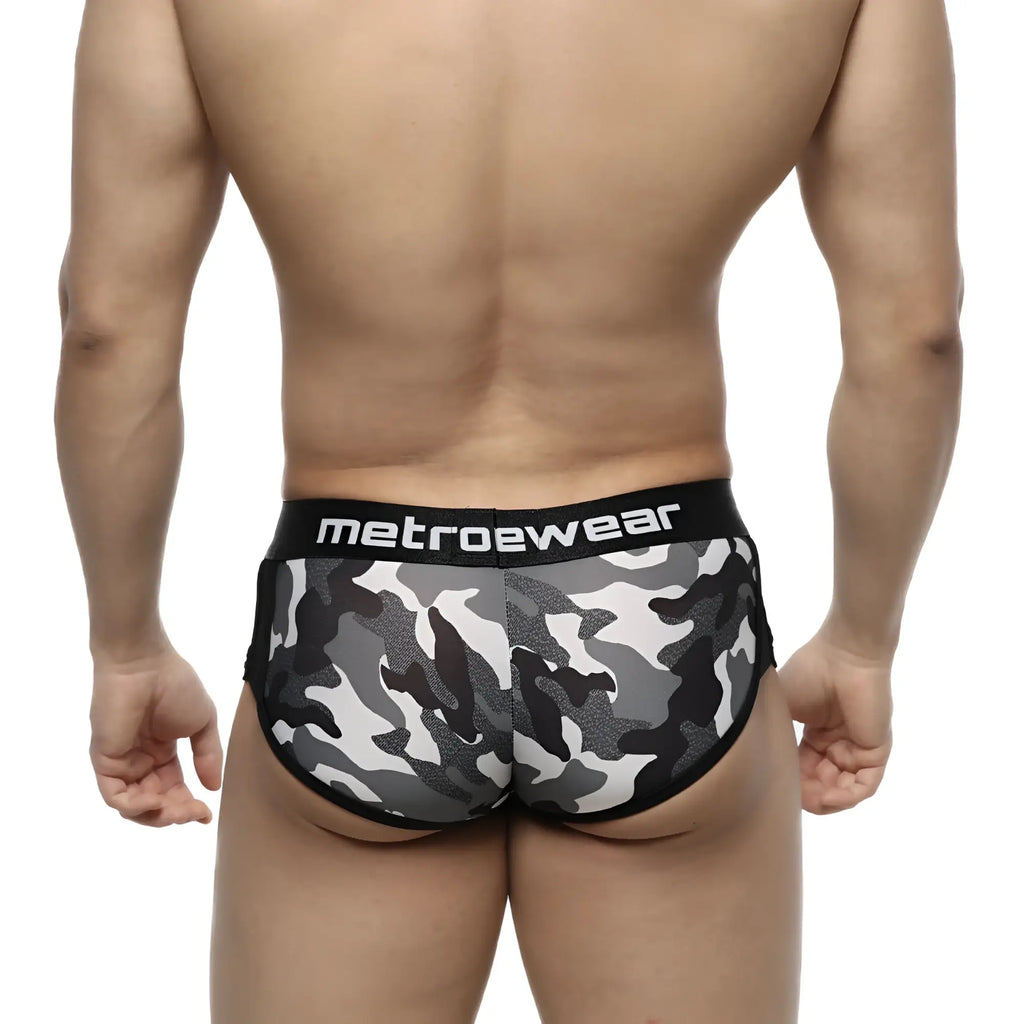 MetroMalewear active boxer camo grey briefs with black gray camouflage pattern and black waistband with white metroewear logo