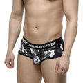 MetroMaleWear active boxer camo grey men’s briefs with black elastic waistband and white branded lettering