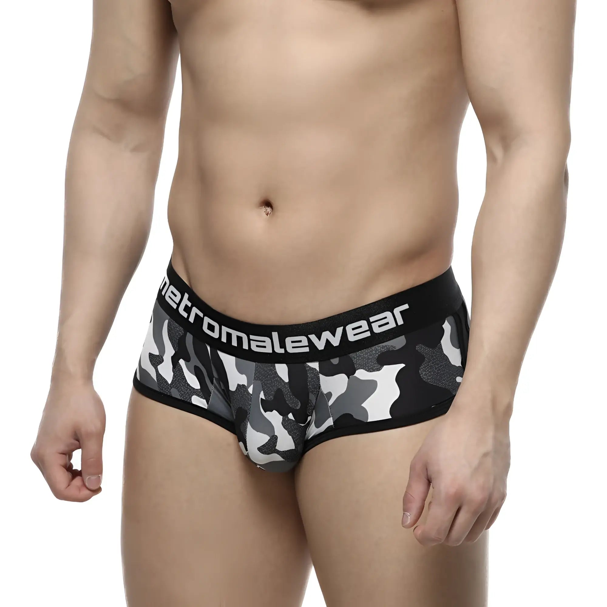 MetroMaleWear active boxer camo grey men’s briefs with black elastic waistband and white branded lettering