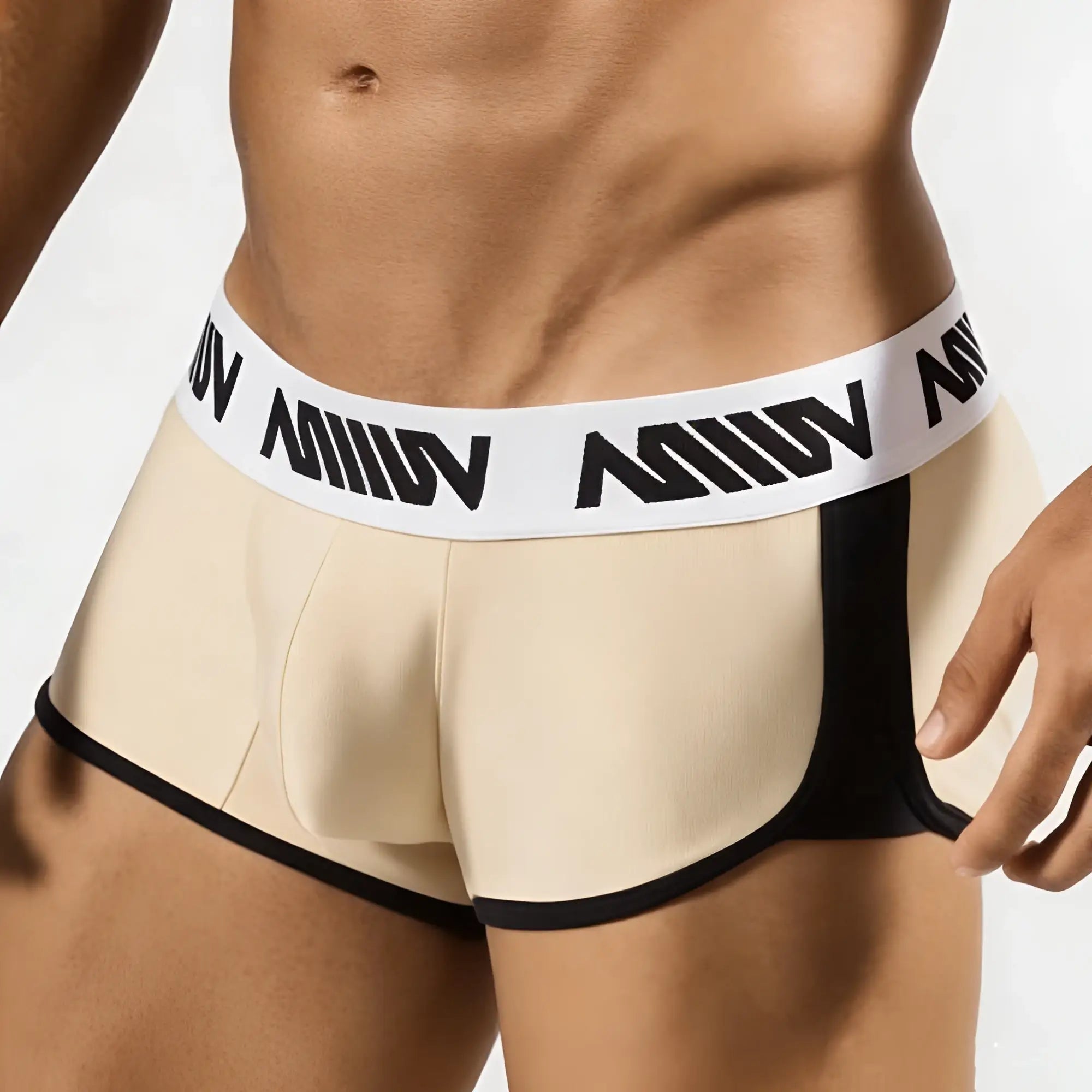 Beige and black MetroMaleWear Active Boxer Gold 3327-21 briefs with white waistband and bold black miiow branding