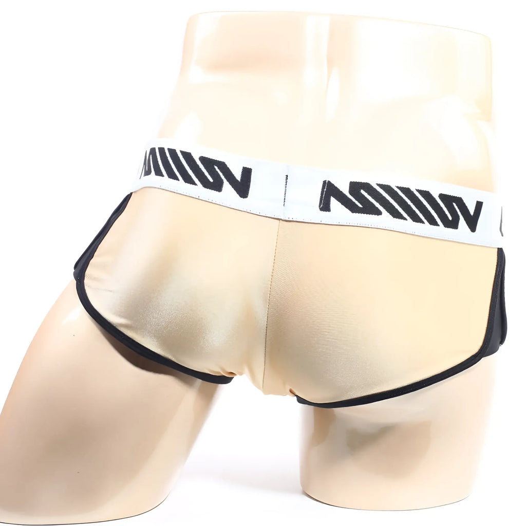 Beige satin briefs with black trim and a white waistband featuring bold black lettering from MetroMaleWear Active Boxer gold 3327-21