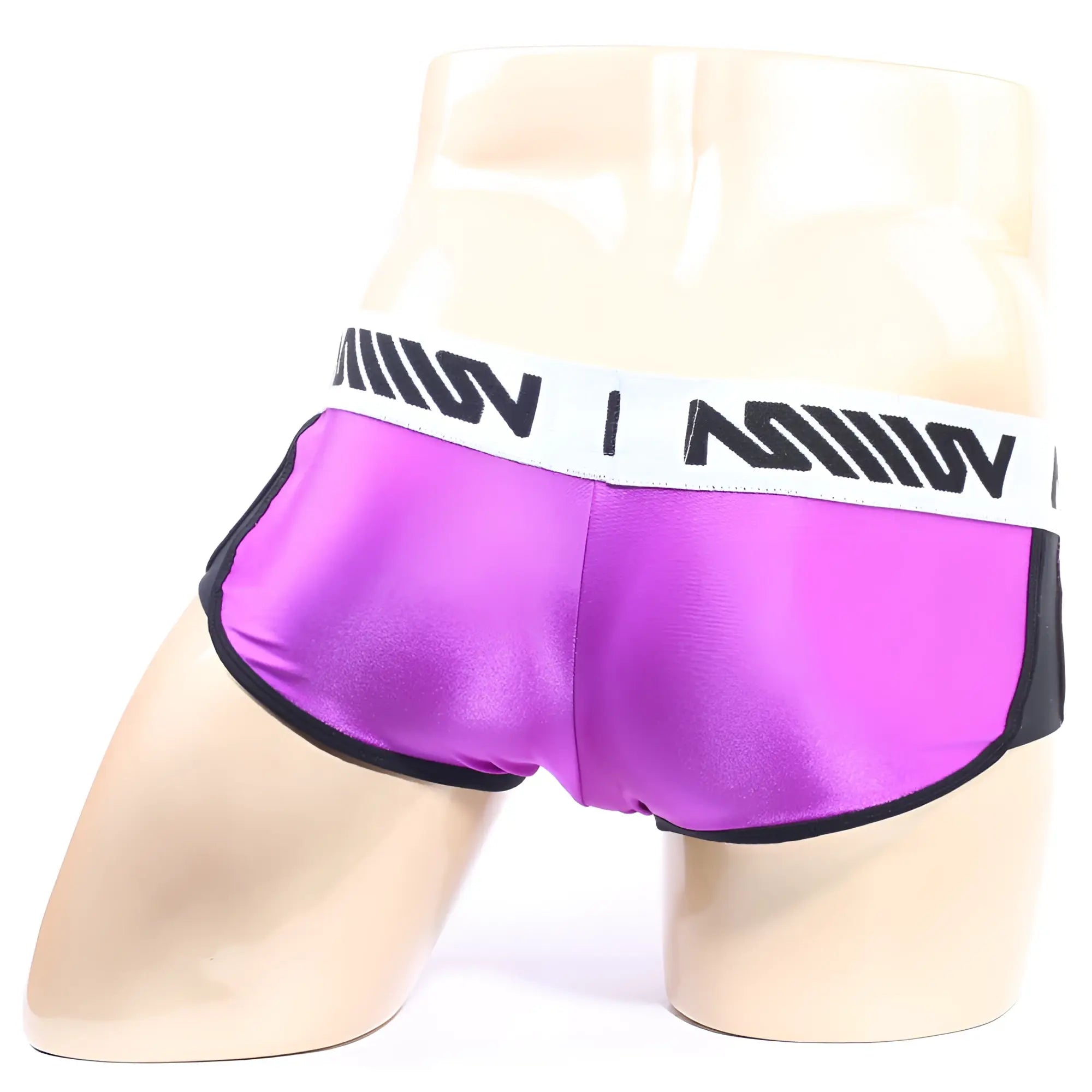 Purple satin briefs with black trim and white waistband featuring bold black lettering from metromalewear active boxer 3327-19