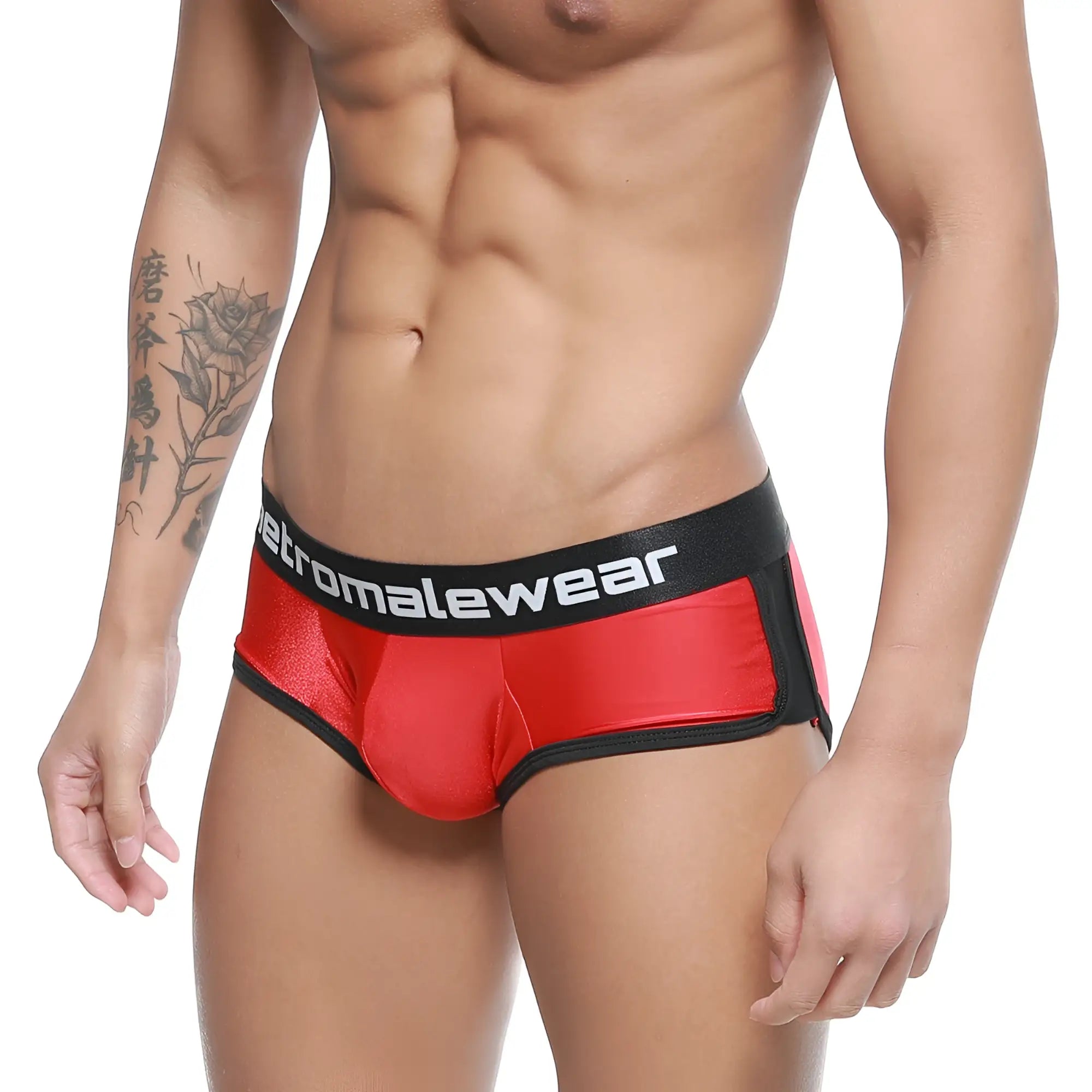 Red and black men’s briefs with shiny fabric and etromalewear white waistband from metromalewear active boxer series